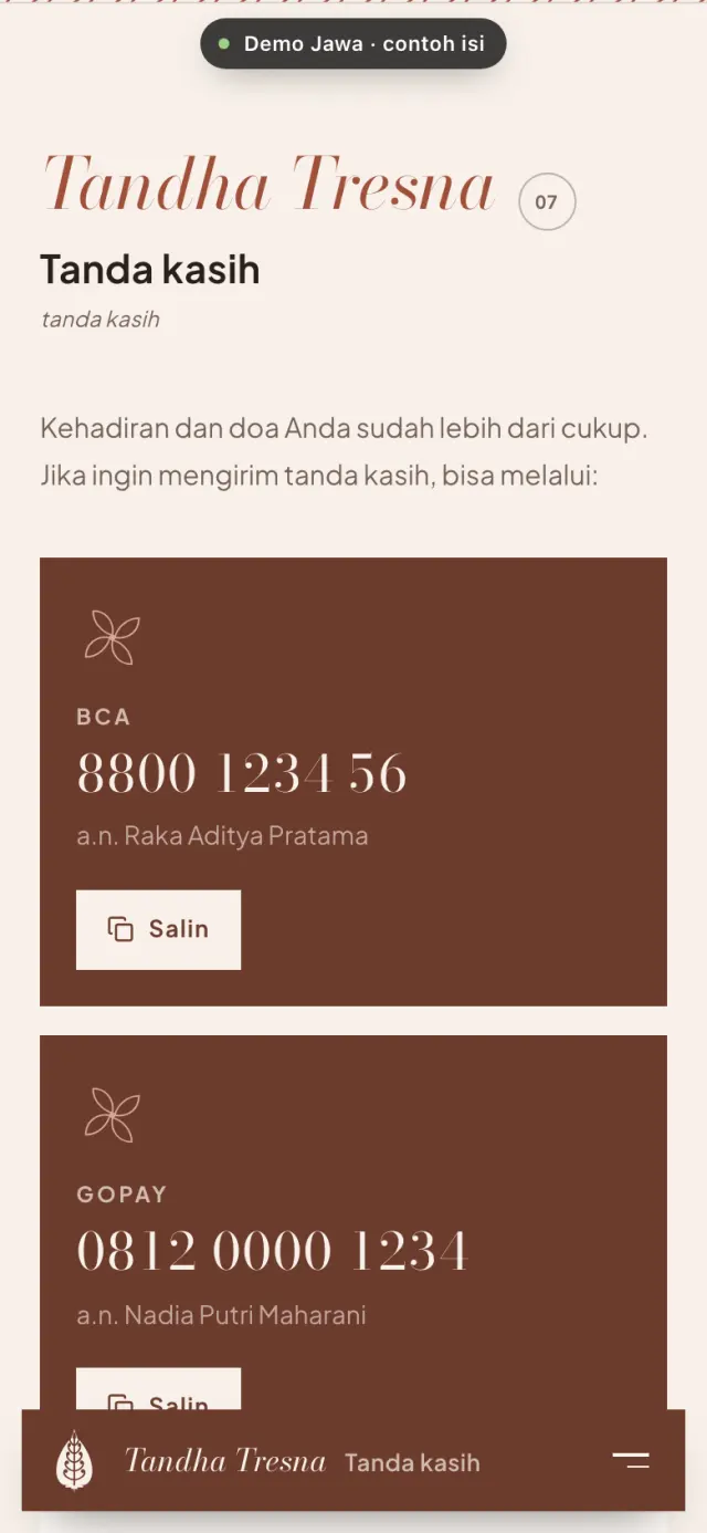 Contoh undangan digital adat Jawa: bagian Tandha Tresna berisi rekening BCA, GoPay dengan tombol salin, dan QRIS