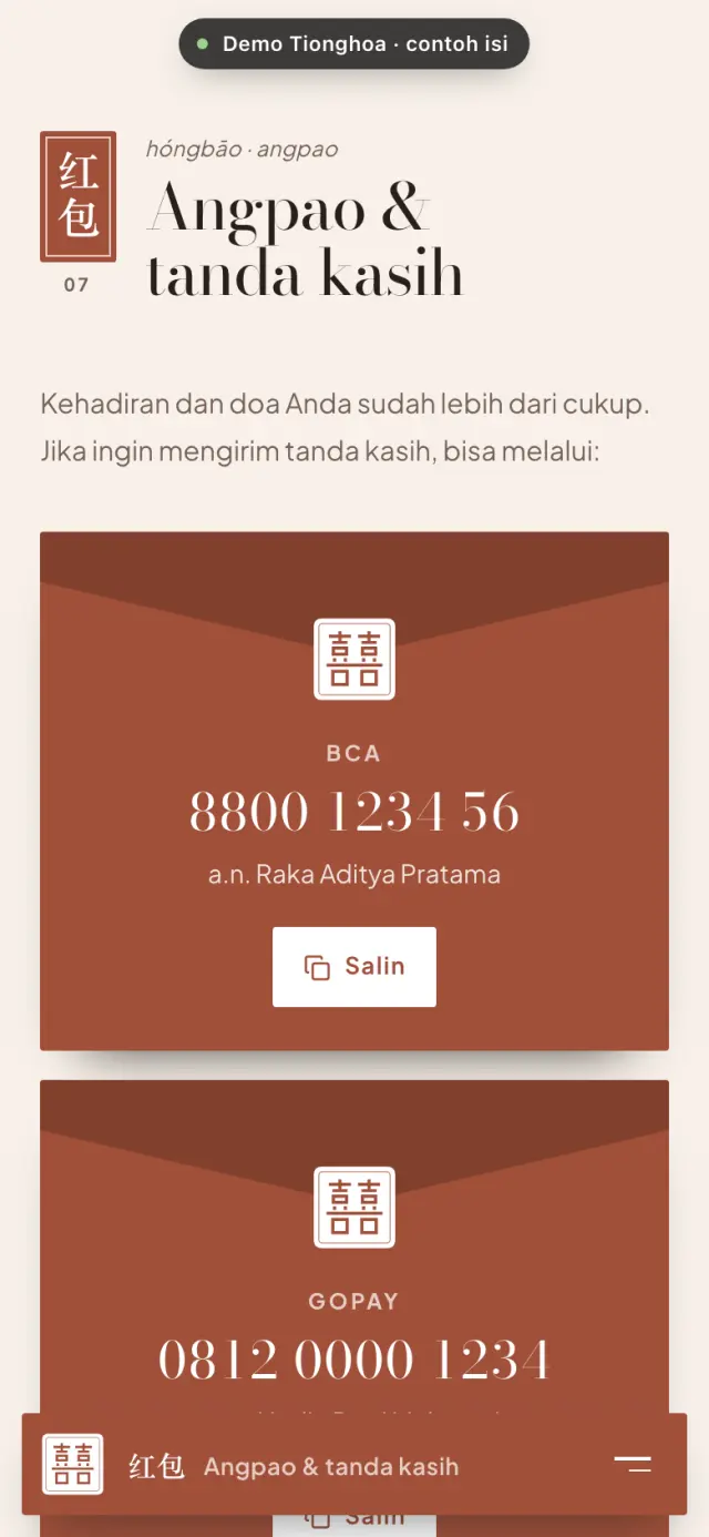 Contoh undangan digital Tionghoa: bagian angpao digital berupa kartu amplop merah berisi rekening BCA dan GoPay