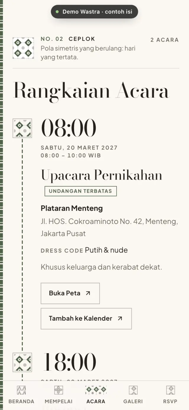 Contoh undangan digital wastra Nusantara: rangkaian acara bermotif ceplok dengan jam besar, alamat, tombol peta dan kalender