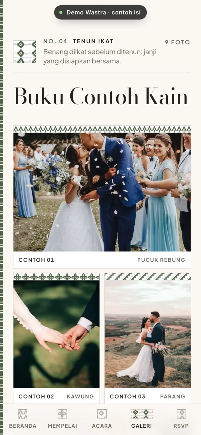 Contoh undangan digital wastra Nusantara: galeri Buku Contoh Kain, foto pengantin berlabel nama motif kain