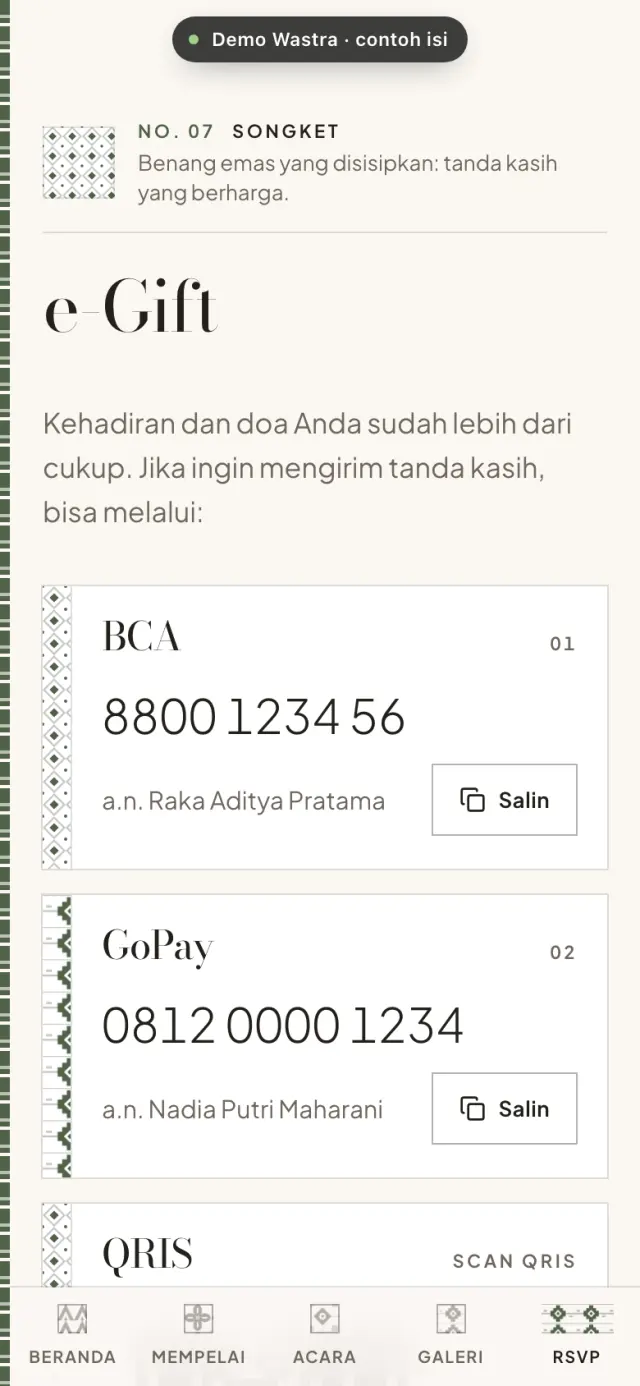 Contoh undangan digital wastra Nusantara: bagian e-Gift bermotif songket dengan rekening BCA, GoPay, dan QRIS