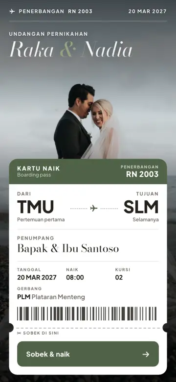 Contoh undangan digital unik: template Perjalanan dengan boarding pass tamu